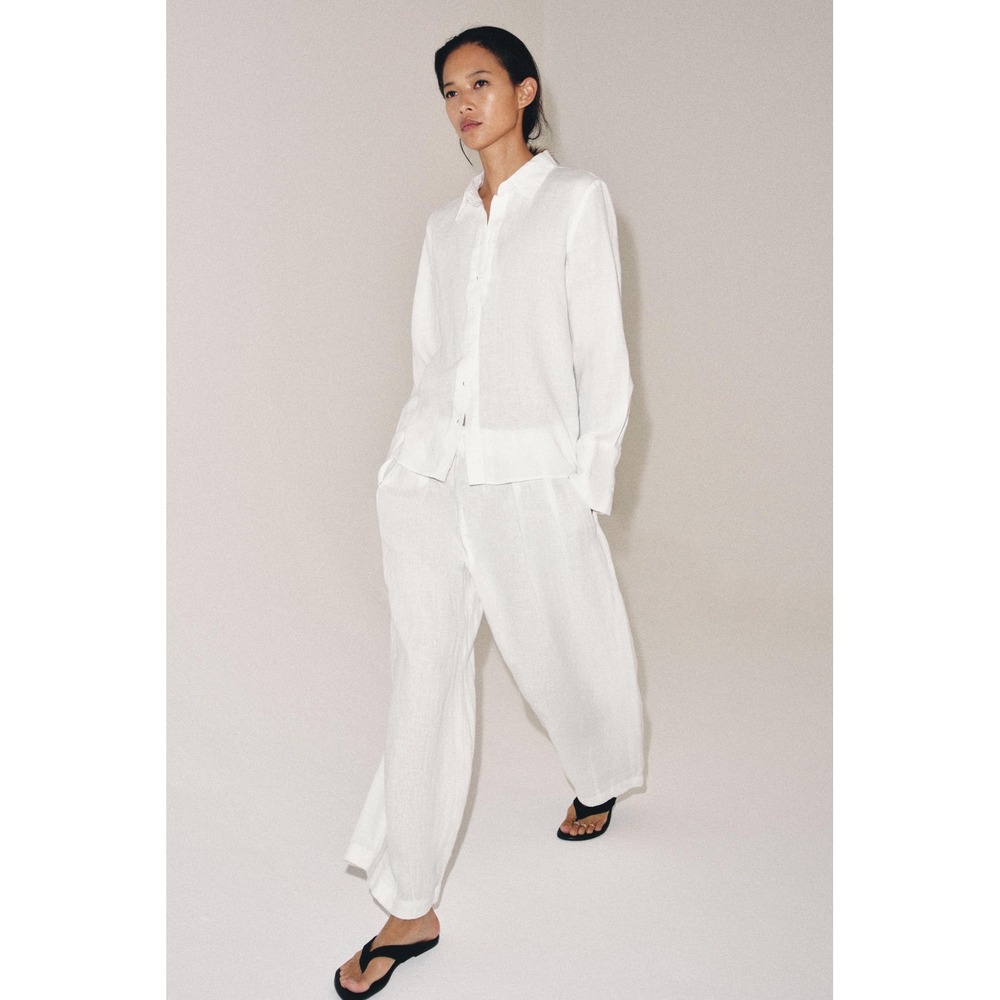 Zara White Linen Wide Leg Drawstring Pants Large Relaxed Beach Trousers Size L